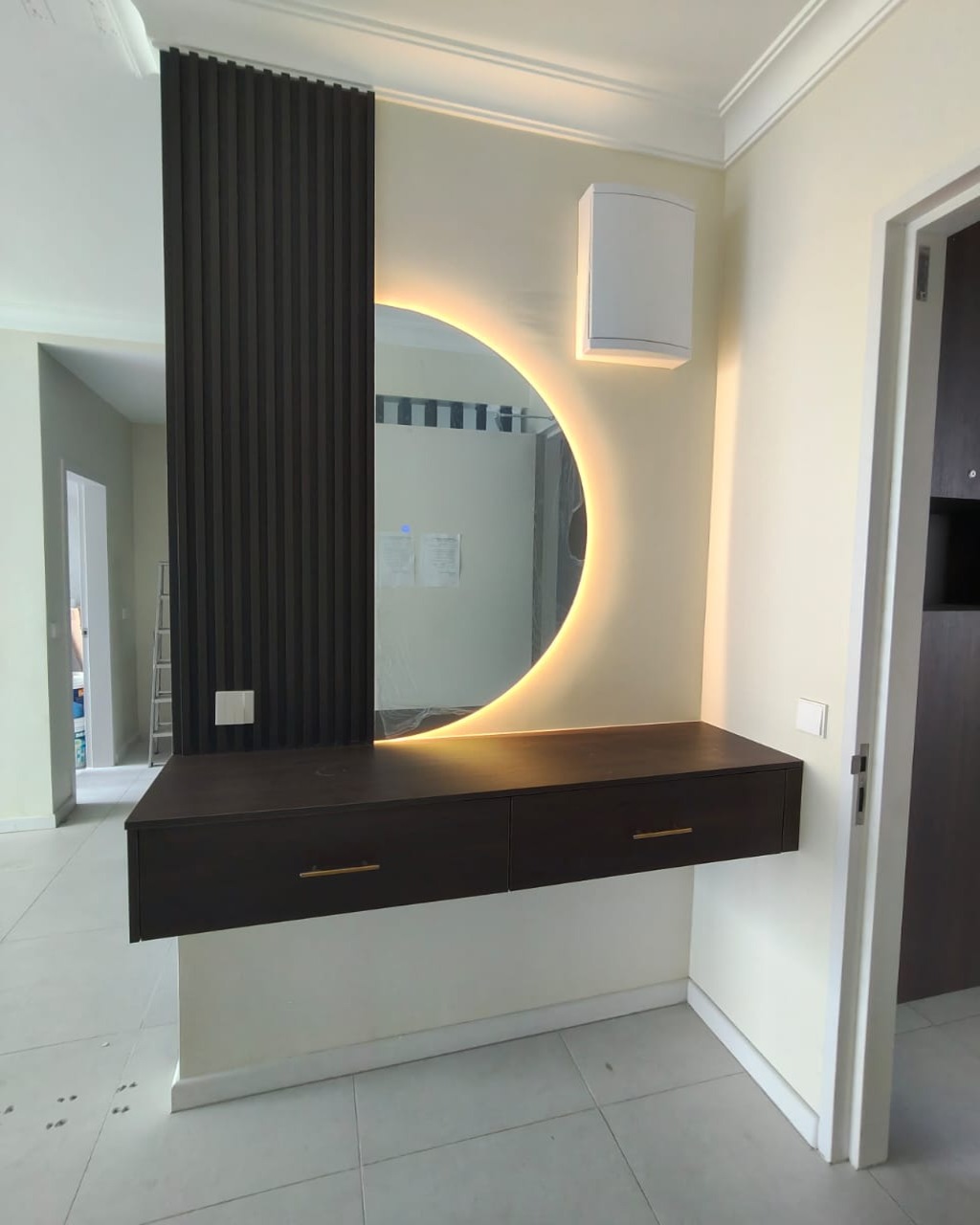 Modern living room interior custom cabinetry with warm wood tones